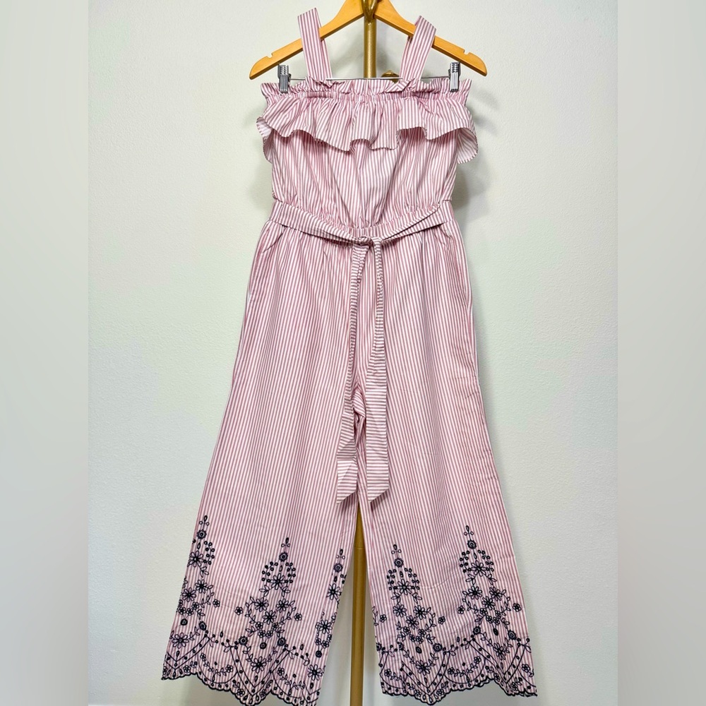 J.O.A. Pastel Striped Ruffled Sleeveless Embroidery Flare Wide Leg Jumpsuits S/M